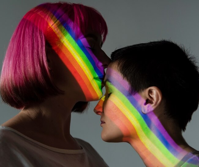 lesbian couple with LGBTQIA+ symbol fighting identity discrimination, and sexual orientation discrimination.