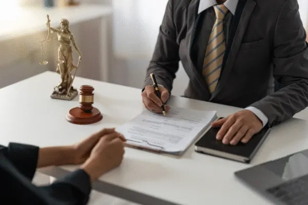Lawyer reviewing legal documents with a client in an office with justice scale and gavel visible San Diego office of CDV Law Firm, wrongful termination experts