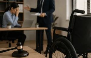 Wheelchair and gavel in office; upset woman facing boss