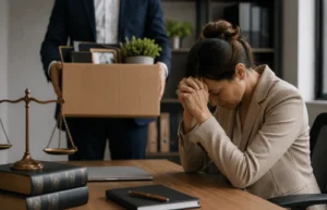 Distressed woman with colleague carrying box