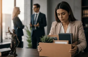 Woman packing office box after wrongful termination